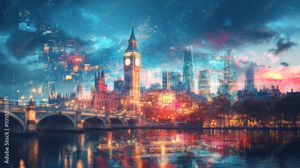 Obraz premium A vibrant and surreal cityscape of London with Big Ben, the Houses of Parliament, and the River Thames, bathed in a colorful sunset light.