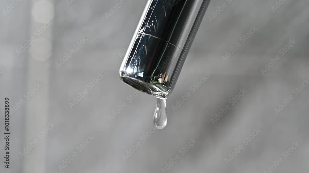 Drop of water drips from the tap. Beautiful fresh and clean water flowing from a tap. Close-up front view broken chrome faucet in kitchen. Everyday problems, wasting water and energy Drop of water drips from the tap. Beautiful fresh and clean water flowing from a tap. Close-up front view broken chrome faucet in kitchen. Everyday problems, wasting water and energy