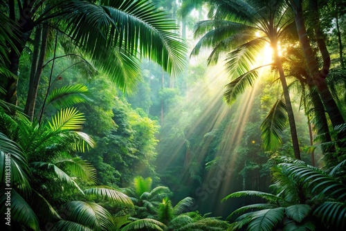 Mysterious lush tropical rainforest with sunlight shining through the trees