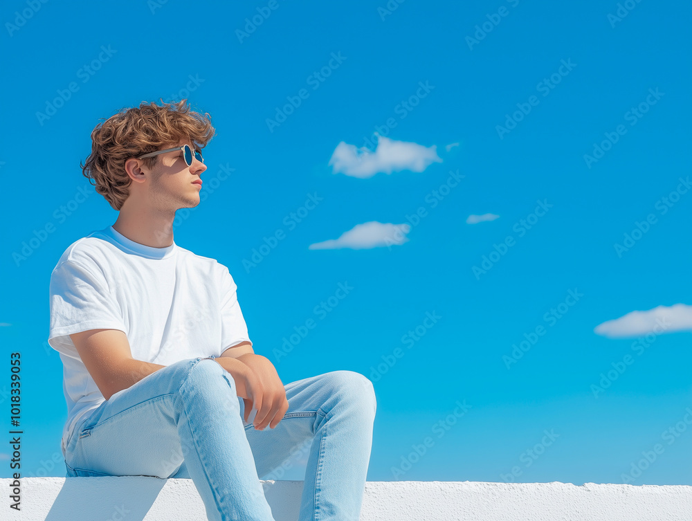 Fototapeta premium Contemplating gender fluid man sitting on retaining wall