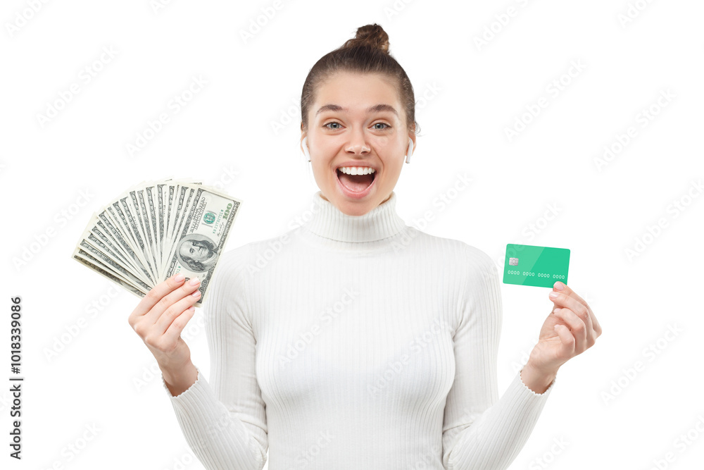 Pretty girl shouting WOW with joy after getting cash in 100 hundreds of dollars from her new credit card. Good exchange rate concept Pretty girl shouting WOW with joy after getting cash in 100 hundreds of dollars from her new credit card. Good exchange rate concept