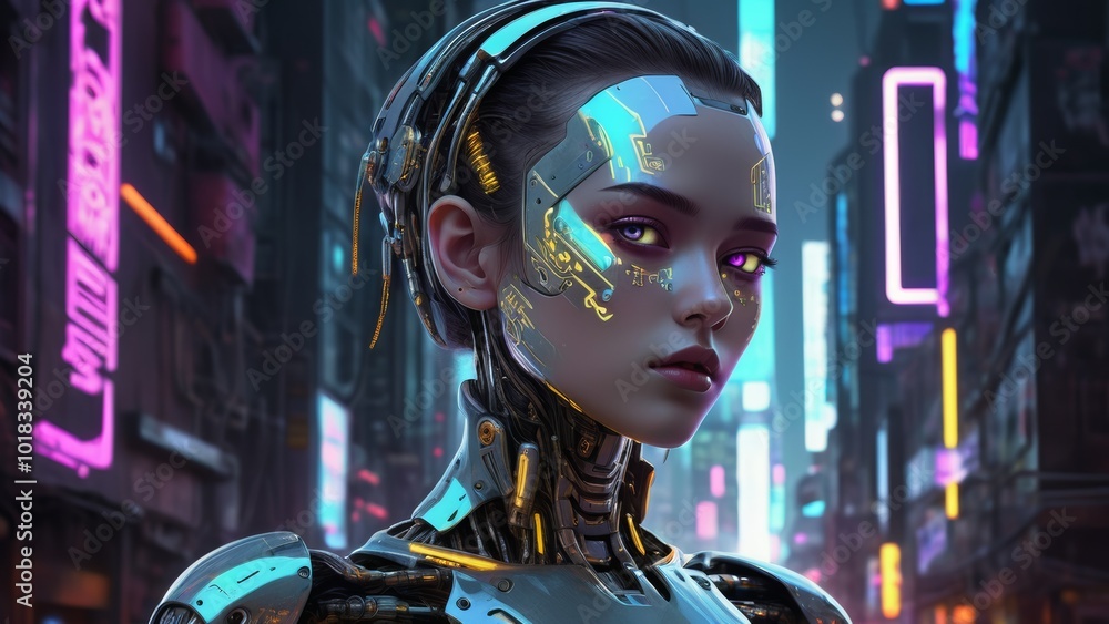 Obraz premium Robot and the city of the future, close-up. Conceptual photo of the application of modern technologies. The photo was created using AI tools.