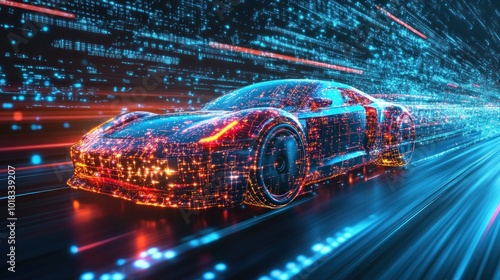 A futuristic sports car made of digital particles speeds through a tunnel of data.