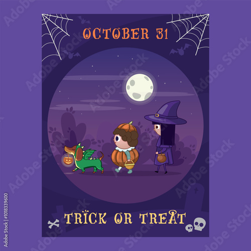 Festive Halloween poster featuring children in costumes going trickortreating photo