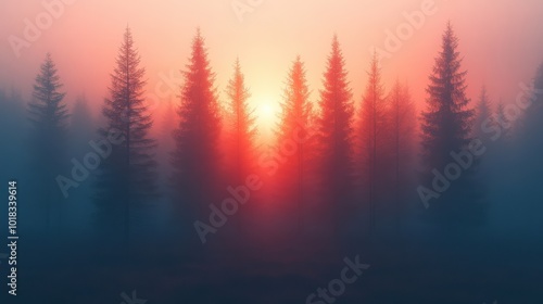 Silhouettes of tall evergreen trees stand majestically in a misty forest at sunset, their dark branches reaching towards the vibrant sky as the sun casts a warm, golden glow through the fog