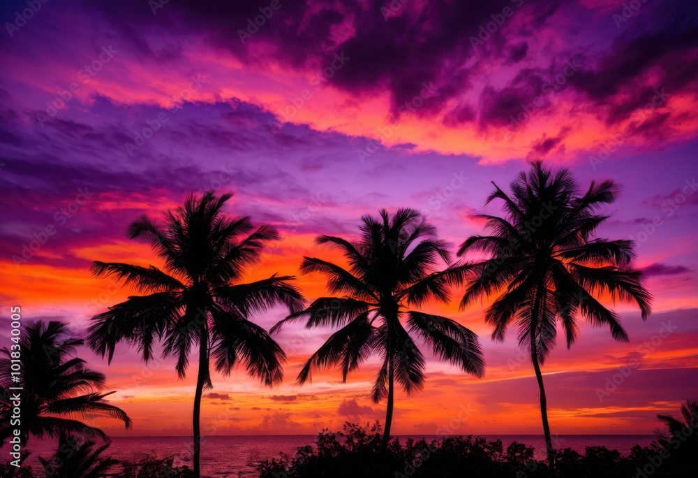 tropical palm tree silhouette framed vivid sunset sky featuring dreamy hues purple stunning evening landscape, vibrant, orange, pink, dramatic, clouds, bright tropical palm tree silhouette framed vivid sunset sky featuring dreamy hues purple stunning evening landscape, vibrant, orange, pink, dramatic, clouds, bright