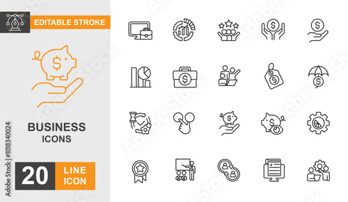 Business icon set. Leadership. teamwork, marketing, social, strategy and more line icon. Editable stroke icon.