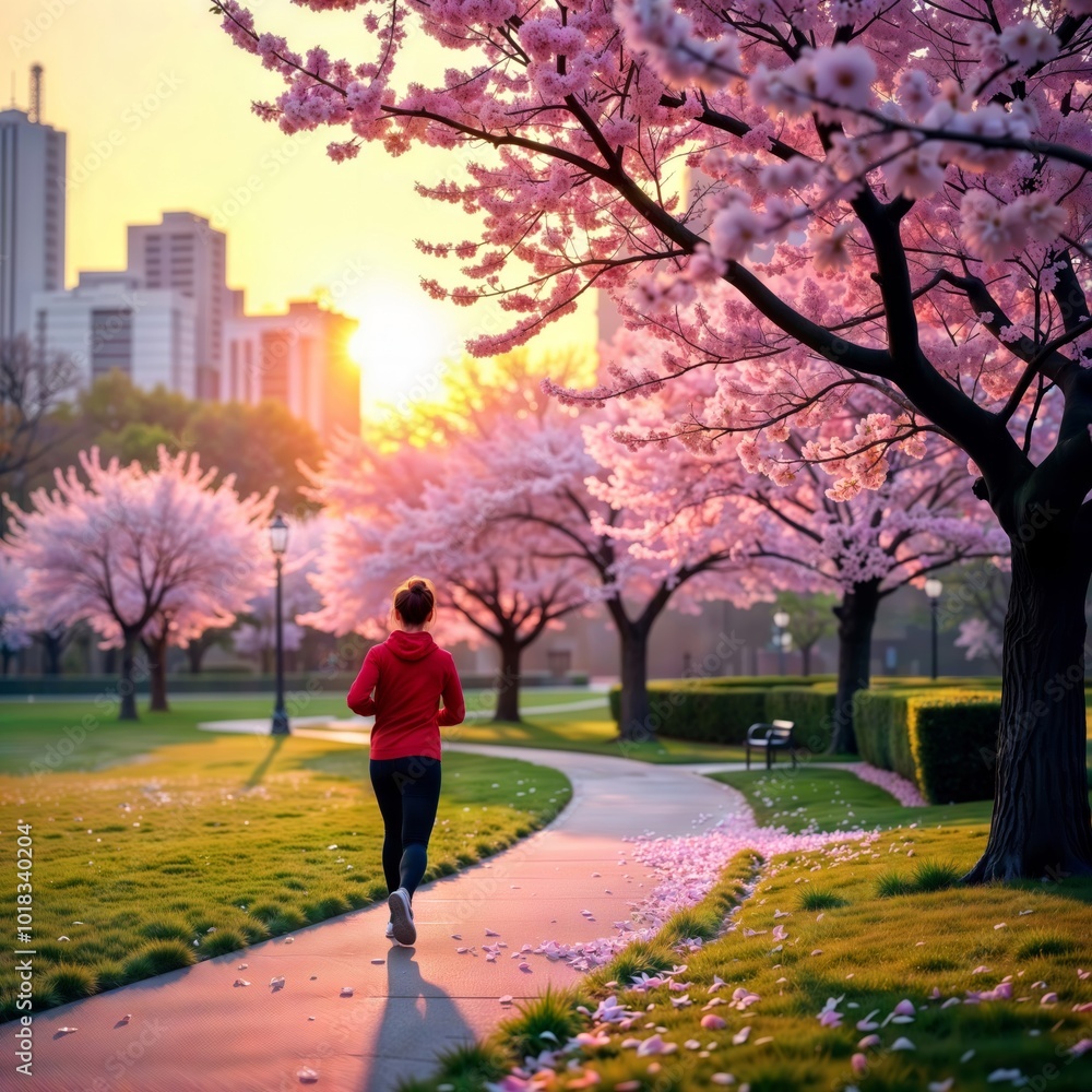 Urban Cherry Blossom Run. Jogger in red hoodie runs through park lined with blooming cherry trees at sunrise, city skyline in background, pink petals on path. Urban Cherry Blossom Run. Jogger in red hoodie runs through park lined with blooming cherry trees at sunrise, city skyline in background, pink petals on path.