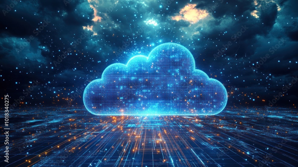 A digital cloud icon made of glowing blue data streams on a futuristic digital landscape. A digital cloud icon made of glowing blue data streams on a futuristic digital landscape.