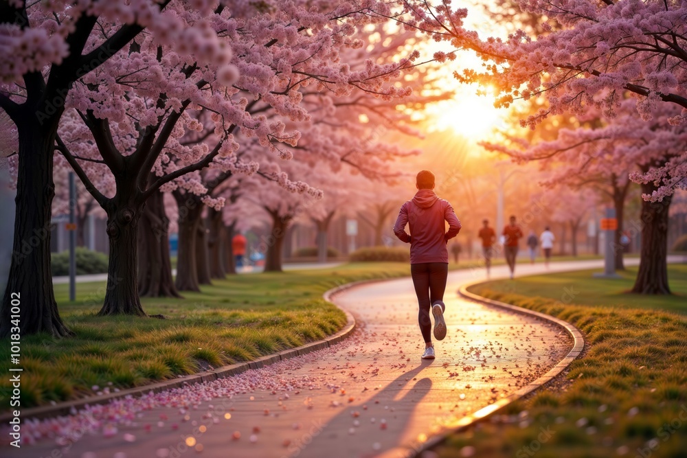 Running through cherry blossoms. A person runs on a path lined with cherry blossom trees at sunset. Running through cherry blossoms. A person runs on a path lined with cherry blossom trees at sunset.