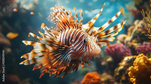 A colorful majestic lionfish showcasing its long elegant fins among a colorful coral reef habitat