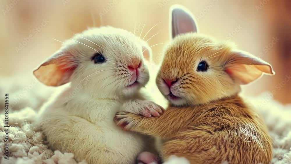 Two adorable baby rabbits snuggling closely, exuding warmth and affection. Two adorable baby rabbits snuggling closely, exuding warmth and affection.
