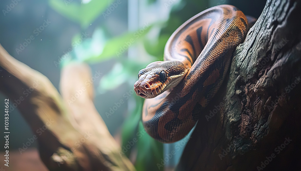 Fototapeta premium Brown boa constrictor on tree branch outdoors 