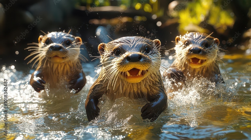 charming wideangle view of an otter family frolicking in a clear stream splashing water joyfully under dappled sunlight capturing their playful spirit and lively nature charming wideangle view of an otter family frolicking in a clear stream splashing water joyfully under dappled sunlight capturing their playful spirit and lively nature