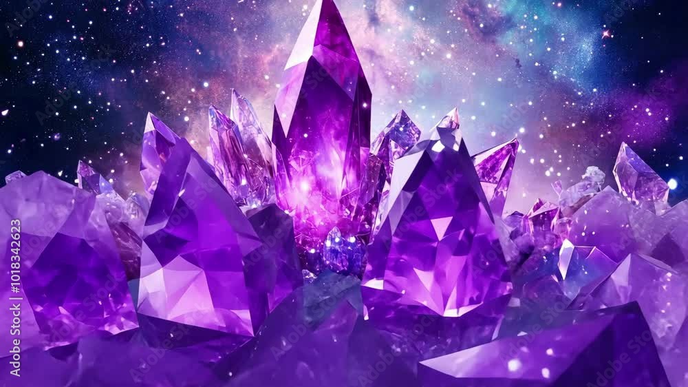 Enchanted amethyst crystal cluster in sparkling cosmic galaxy background Enchanted amethyst crystal cluster in sparkling cosmic galaxy background