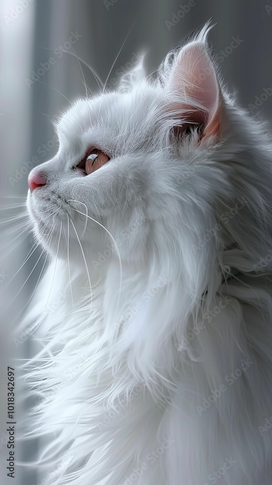 Fluffy white cat gazing out window profile view Fluffy white cat gazing out window profile view