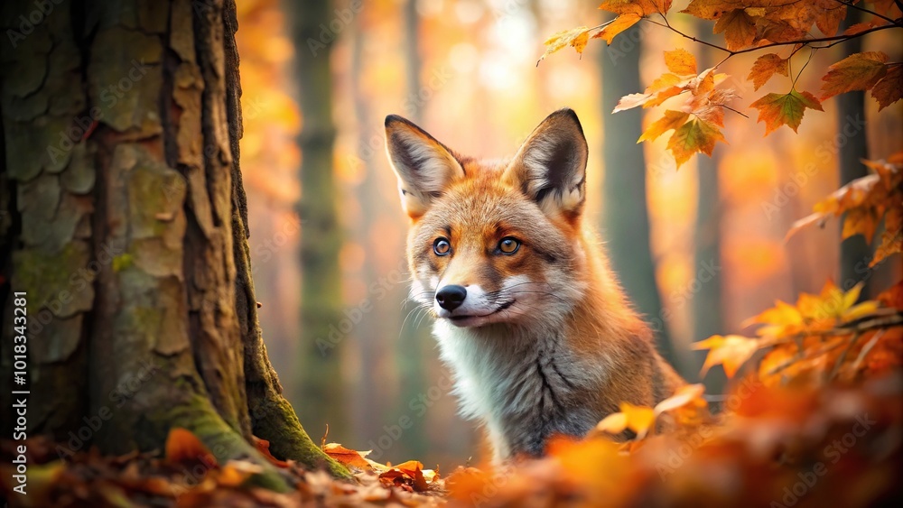 Naklejka premium Mystical forest scene with red fox peeking through trees in autumn