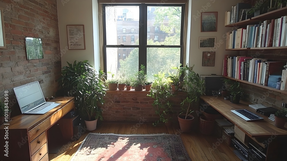 Bright minimalist home office with plants Bright minimalist home office with plants