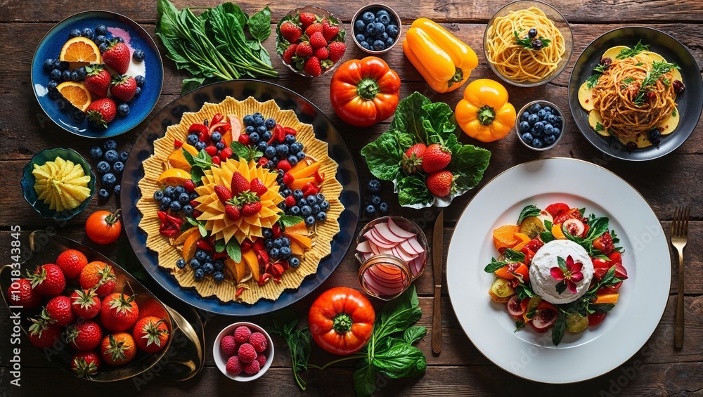 A table filled with an array of different foods, presenting a colorful and appetizing culinary display. A table filled with an array of different foods, presenting a colorful and appetizing culinary display.