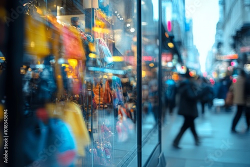 Vibrant street scene reflecting colorful storefronts. Busy pedestrians create energy and motion. This captures the essence of urban life and shopping culture. Generative AI