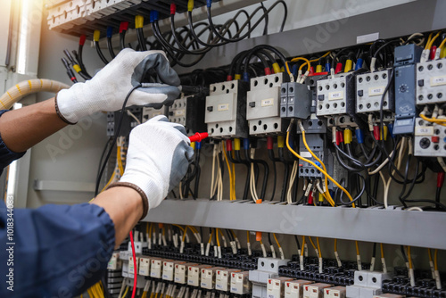 Checking the electrical system, an electrician is using an electric meter to check the electrical system at a control cabinet. for safety photo