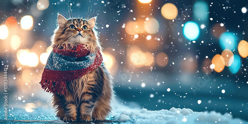 A cat wearing a red and blue scarf is sitting on a snowy surface photo