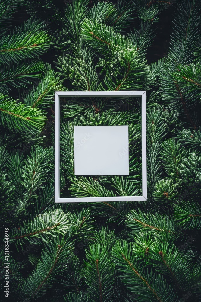 A white square frame surrounded by frosted green pine branches on a matching dark green background.