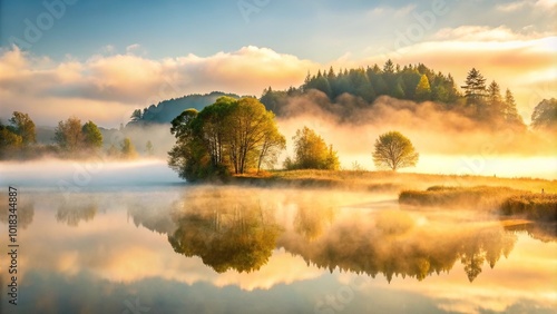 Fototapeta Naklejka Na Ścianę i Meble -  Mystical morning fog revealing hidden landscape
