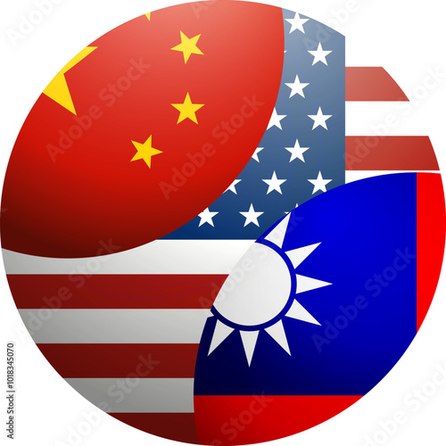 China ,Taiwan, USA flags icon ball. Concept of conflict, disputes, partnerships between countries, sea trade routes	