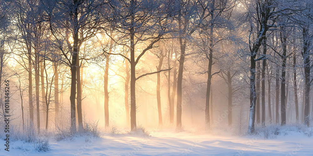 A snowy forest with trees covered in snow and a sun shining through the trees A snowy forest with trees covered in snow and a sun shining through the trees