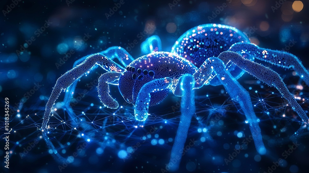 This image features a virtual spider crafted with glowing dots and intricate webs, floating in a digital environment that emphasizes connectivity and modern aesthetics. This image features a virtual spider crafted with glowing dots and intricate webs, floating in a digital environment that emphasizes connectivity and modern aesthetics.