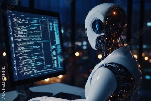 Robot Working On Computer Code In Futuristic Office At Night photo