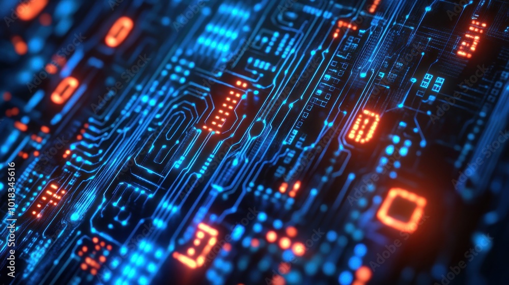 Obraz premium Abstract Technology Background with Binary Code and glowing network circuit Board lines,