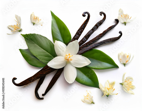 Vanilla pods, green leaves and flowers, isolated on a clean white background
