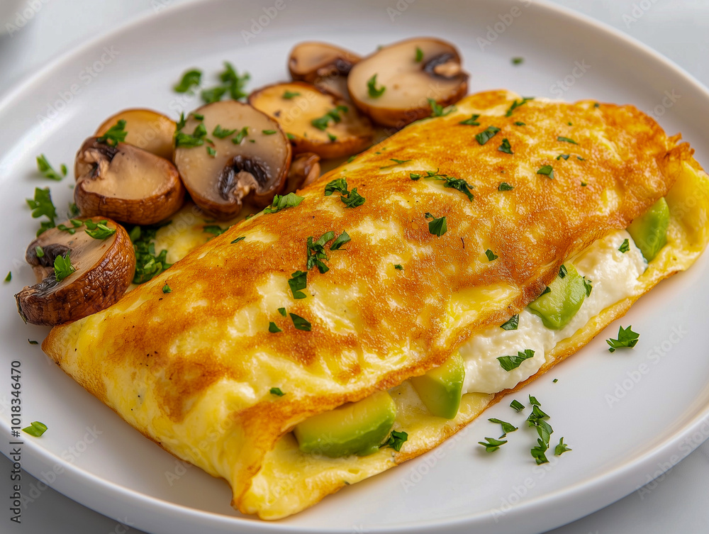 French rolled omelette stuffed with cream cheese with avocado, aragula and mushrooms for breakfast on white plate printed tile background, top view French rolled omelette stuffed with cream cheese with avocado, aragula and mushrooms for breakfast on white plate printed tile background, top view