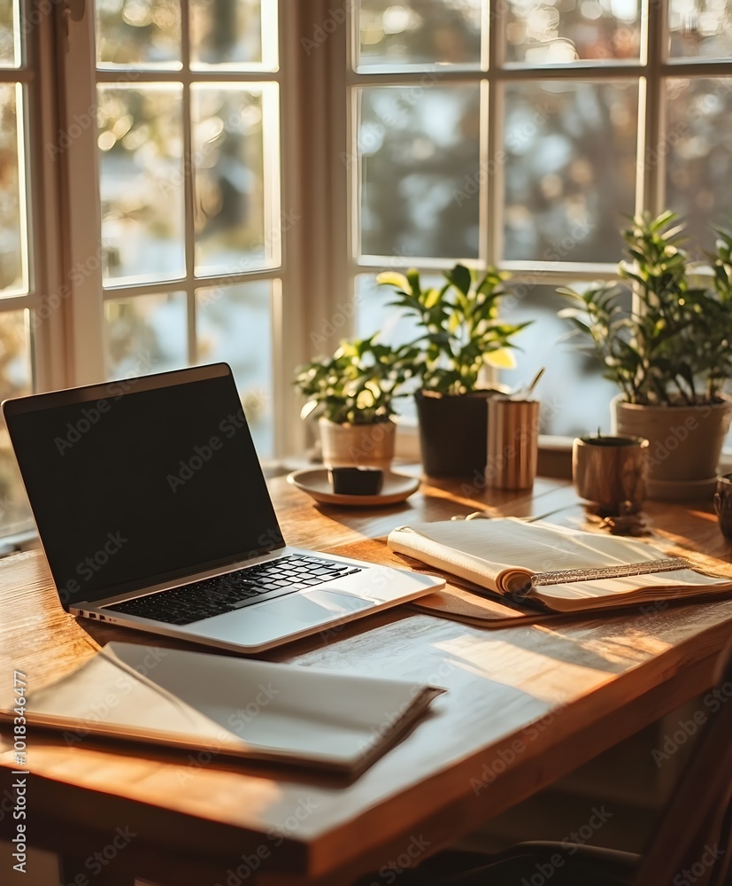 Bright minimalist home office with plants Bright minimalist home office with plants
