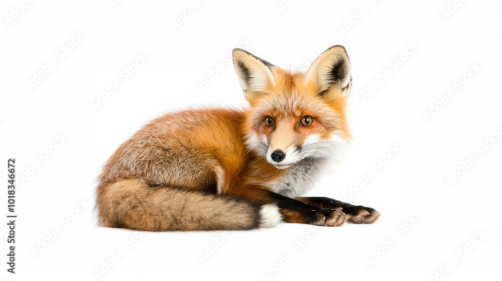 Fototapeta premium A peaceful red fox sits quietly, set against a clean white background. A red fox sits calmly in stillness against a peaceful white backdrop.