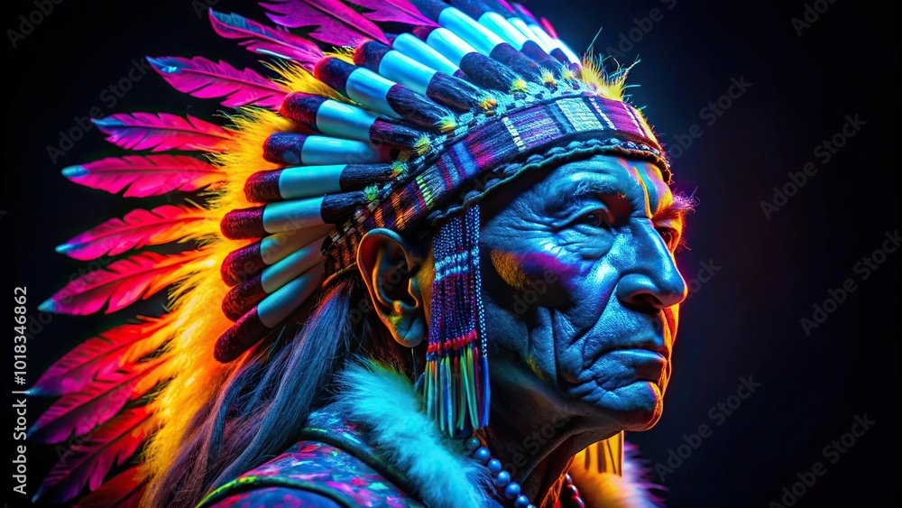Native American man in neon colors against black background Native American man in neon colors against black background