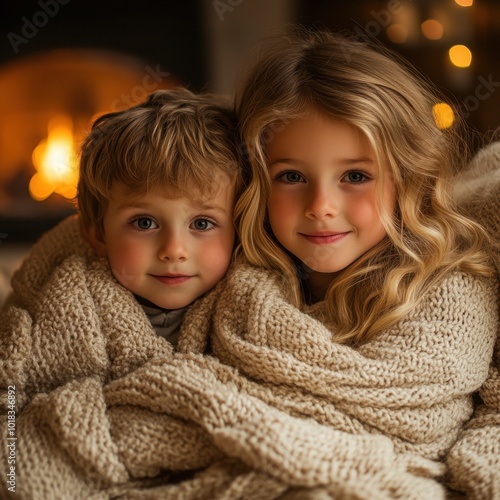 Two young siblings sit together in their cozy living room, wrapped in a big blanket while watching their favorite cartoon. 