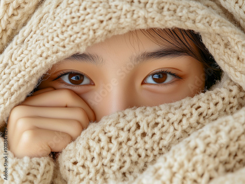 Girl lying in bed covering her face with blanket 