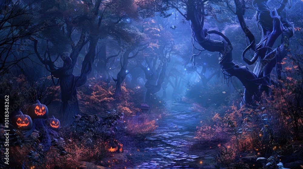 Fototapeta premium mysterious Halloween forest scene featuring glowing pumpkins, twisted trees, and an enchanting, foggy pathway.