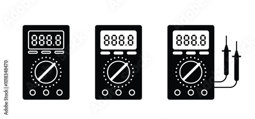 Cartoon electronic device tools. Analog or Digital multimeter. Electric multi meter equipment with cable. Voltmeter multi, measuring Instruments. Volt meters. Analog multimeter measuring electricity.