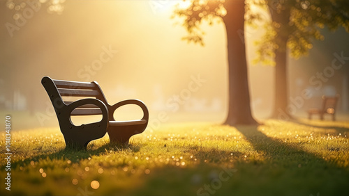 Park bench is empty and in the shade of a tree photo