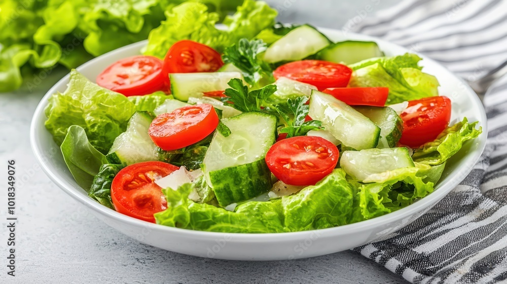 Fresh salad with leafy greens, cucumbers, and cherry tomatoes served in a white bowl, perfect for a healthy meal. Fresh salad with leafy greens, cucumbers, and cherry tomatoes served in a white bowl, perfect for a healthy meal.