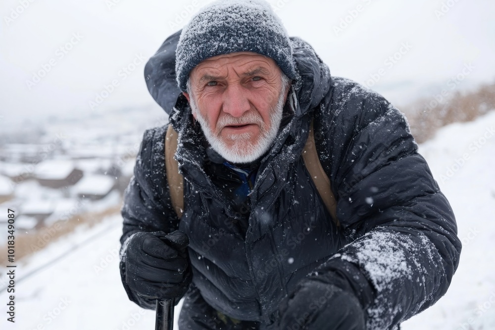 An elderly man with a white beard climbs a snow-covered hill using a wooden walking stick, dressed warmly for the wintry conditions, symbolizing endurance. An elderly man with a white beard climbs a snow-covered hill using a wooden walking stick, dressed warmly for the wintry conditions, symbolizing endurance.