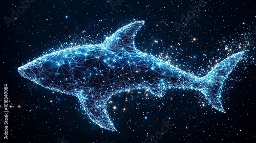 A beautifully rendered digital shark, created from glowing interconnected lines, elegantly floats through a cosmic starry backdrop, symbolizing fantasy and tech engagement.