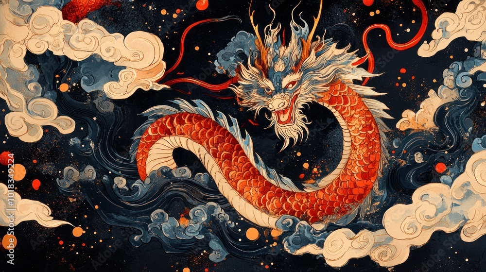 A powerful, mythical Chinese dragon with red and blue scales, swirling clouds, and a starry night sky. A powerful, mythical Chinese dragon with red and blue scales, swirling clouds, and a starry night sky.