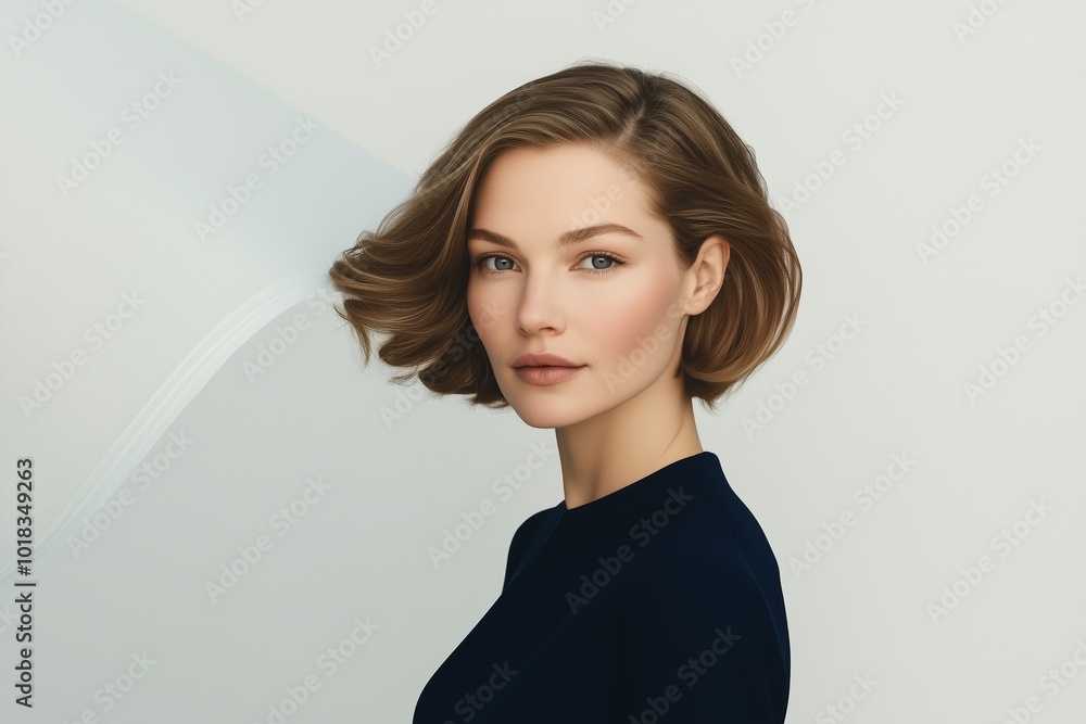 Portrait of a woman with stylish short brown hair, wearing a dark shirt, set against a soft background. Portrait of a woman with stylish short brown hair, wearing a dark shirt, set against a soft background.