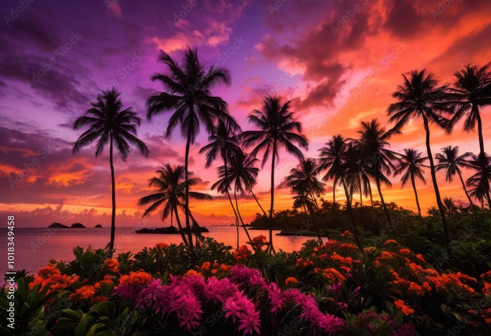 Obraz premium vibrant tropical scene featuring silhouettes palm trees colorful sunset sky amidst lush foliage, beach, coconut, colors, evening, flora, horizon, island