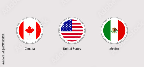 Northern America flags rounded stickers vector illustration. USA, Canada, Mexico official symbols set. American countries round flags icons with state name. Simple national symbols patches